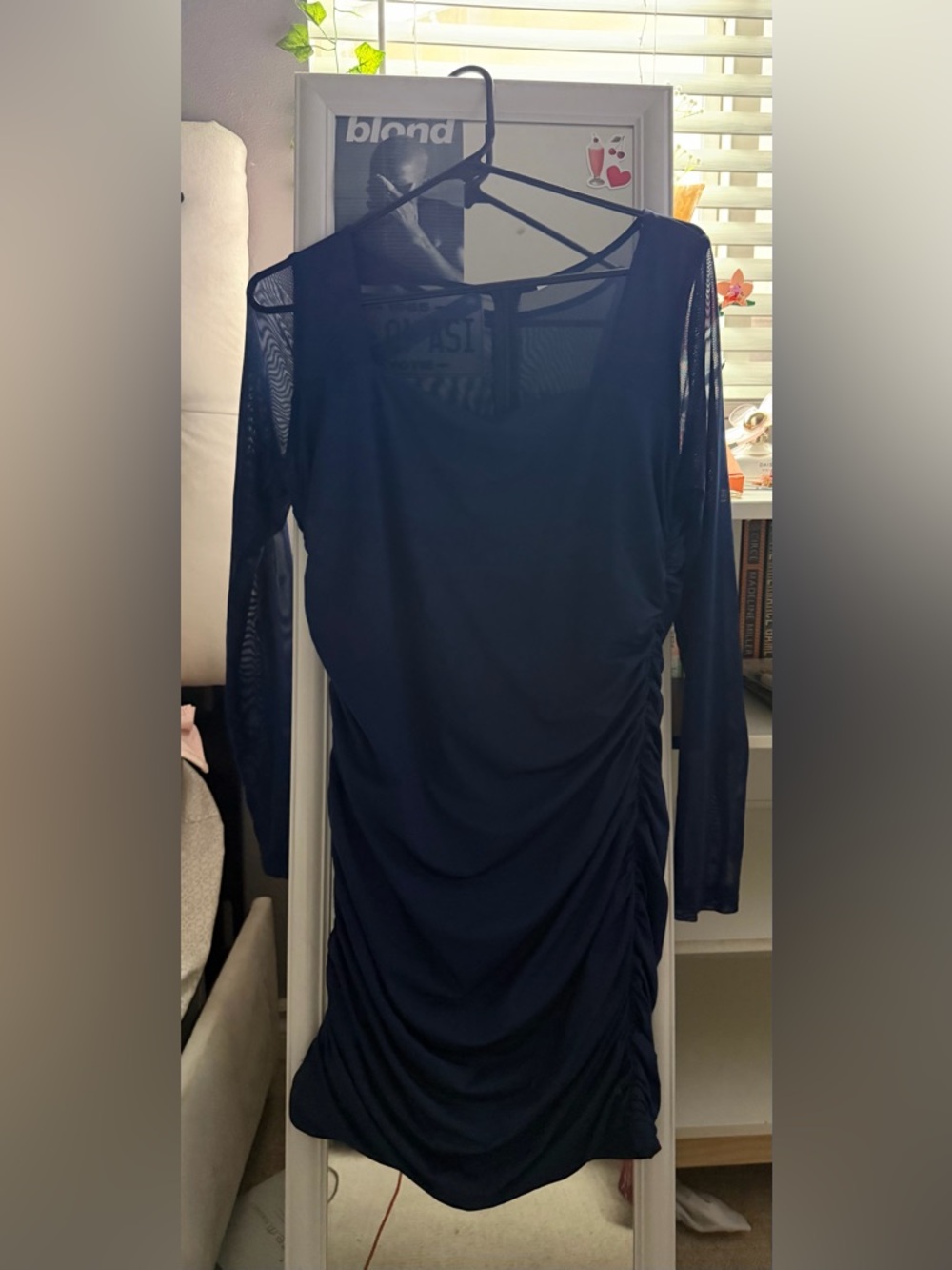 Navy Ruched Long Sleeve Mesh Detail Dress